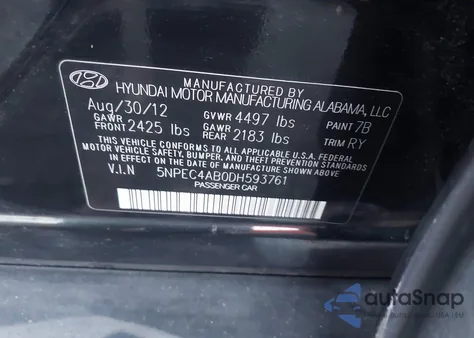 2013 Hyundai Sonata Se 2.0T из США, поврежденный, VIN 5NPEC4AB0DH593761